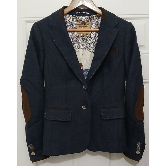 Ted baker womens US size 4 blazer blue 100% wool brown elbow patchwork - Picture 2 of 9